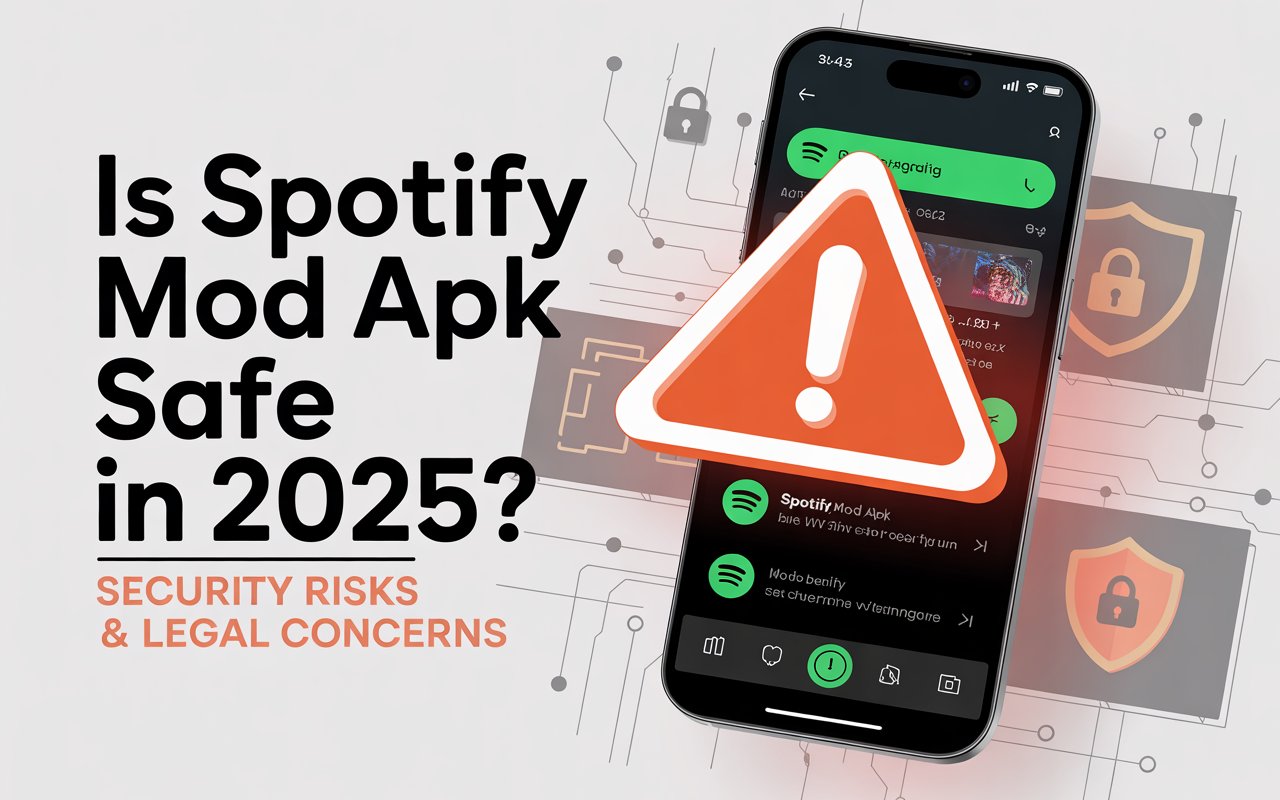 Warning graphic showing a smartphone with Spotify Mod APK, highlighting security risks, malware danger, and legal concerns in 2025.