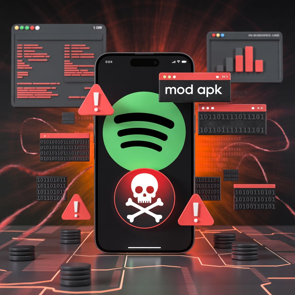 Spotify MOD APK malware warning image showing security alerts, hacking risks, and unsafe modified apps on a smartphone
