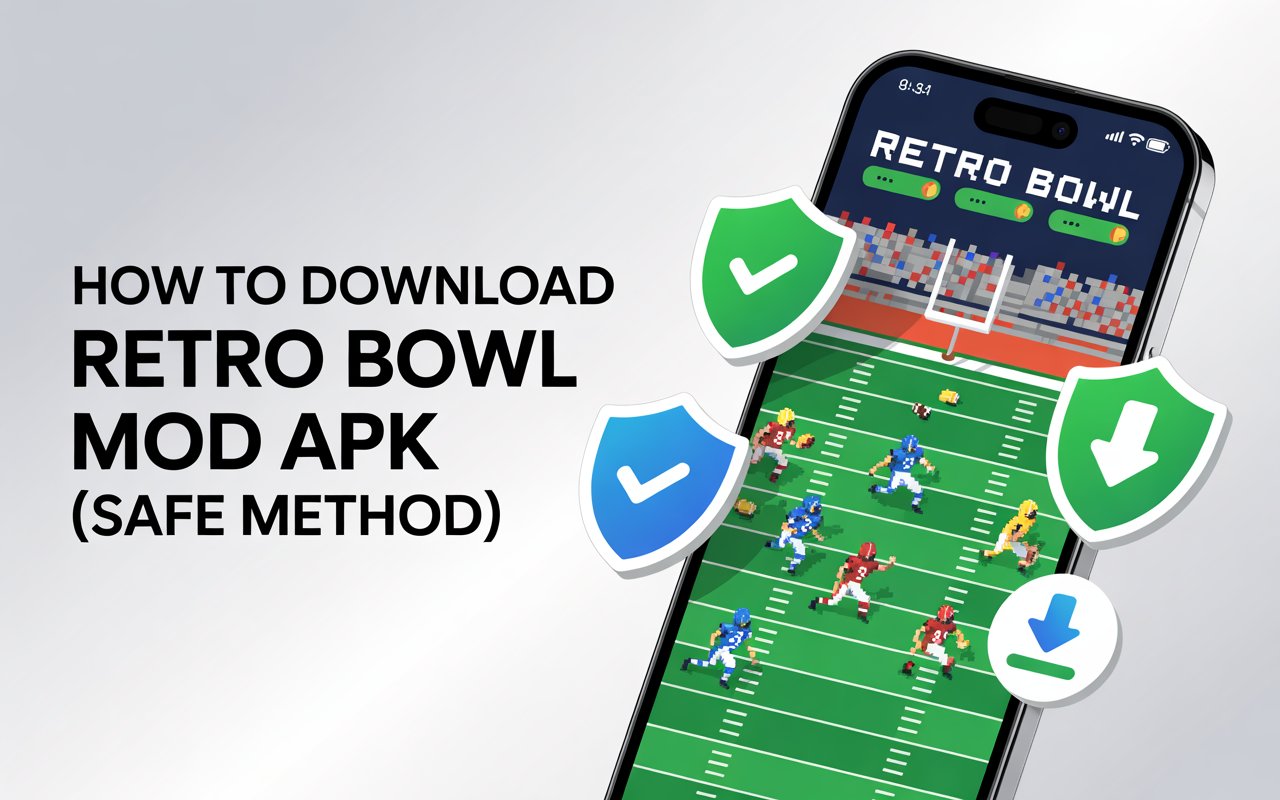 How to download Retro Bowl Mod APK safely shown on a smartphone with security icons