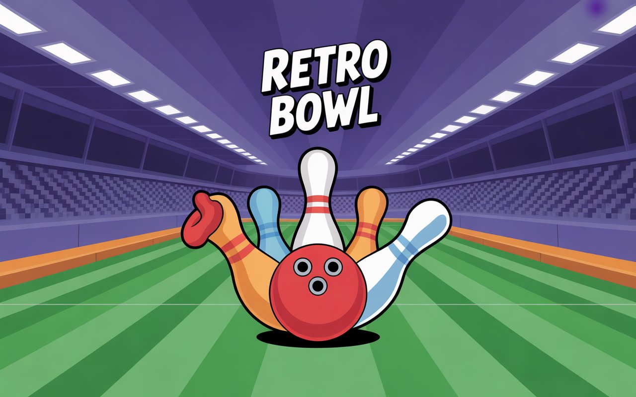 Retro Bowl Mod APK game graphic showing bowling pins and ball in a stadium background