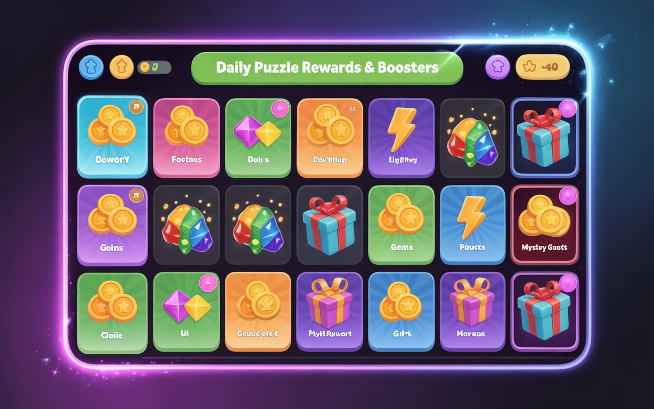 Candy Crush Solitaire daily puzzle rewards and boosters screen showing coins, gems, gifts, and power-ups.