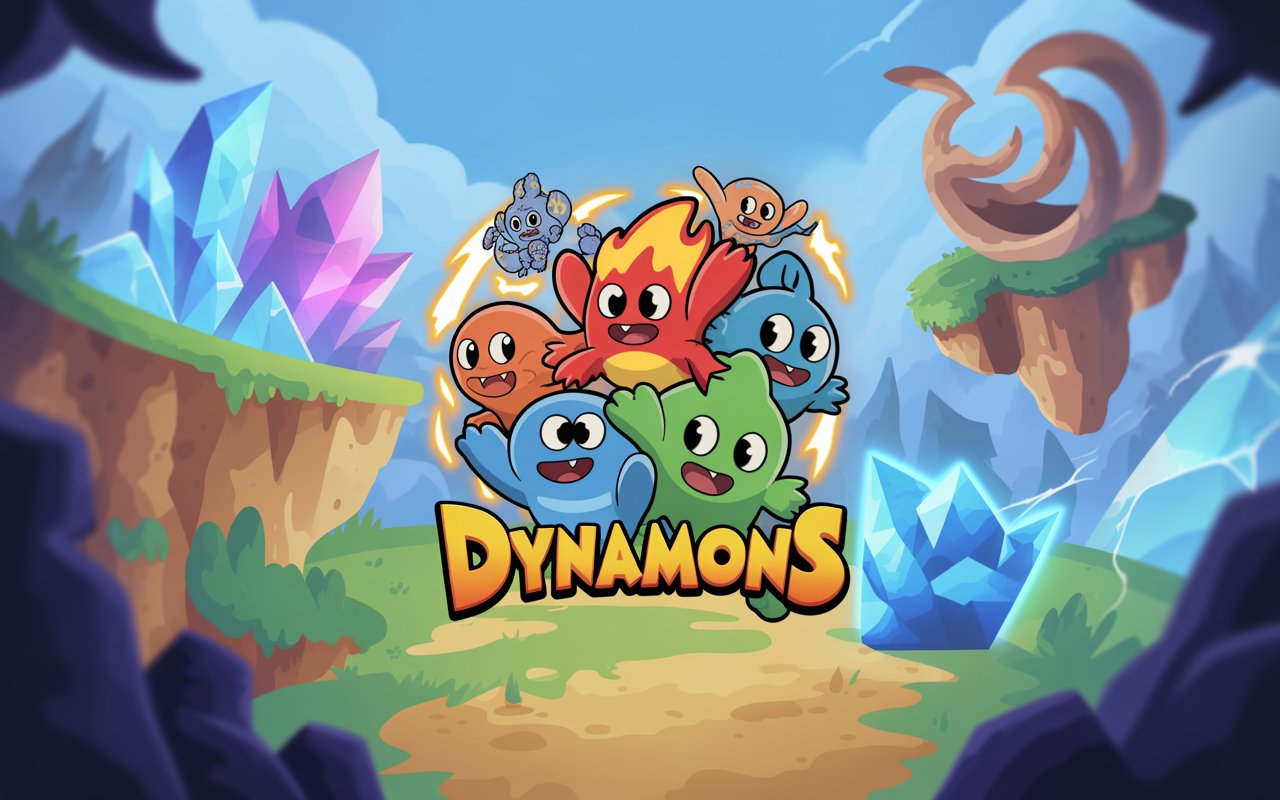Colorful animated Dynamons characters including fire, water, plant, and electric creatures with the Dynamons logo in a fantasy landscape