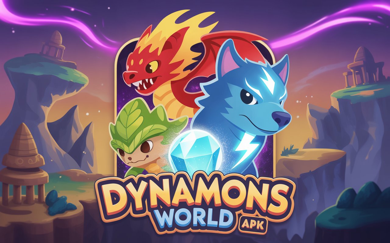 Colorful animated Dynamons World APK creatures including a blue wolf, red dragon, and green leaf monster with game logo